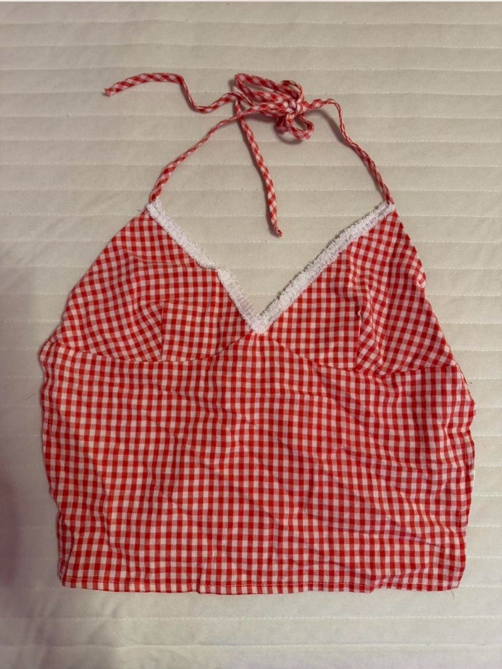 SHEIN Red White Gingham Halter Crop Top